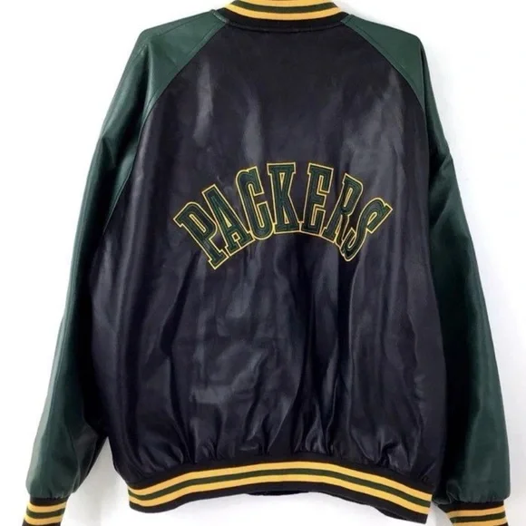 GUC NFL Men’s Black and Green Leather Sleeves Varsity Jacket - Sz XL - Picture 2 of 6